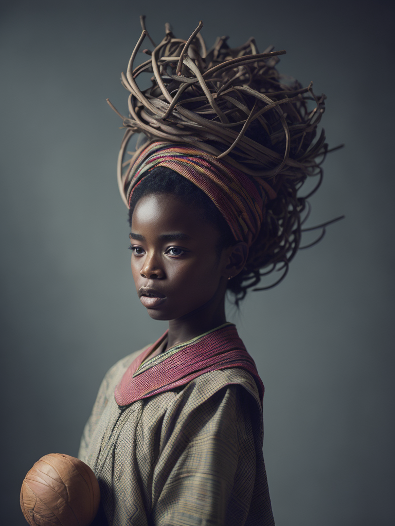 Illustrate a manga scene with a young African character wearing modernized traditional clothing, gracefully balancing a basket on their head.