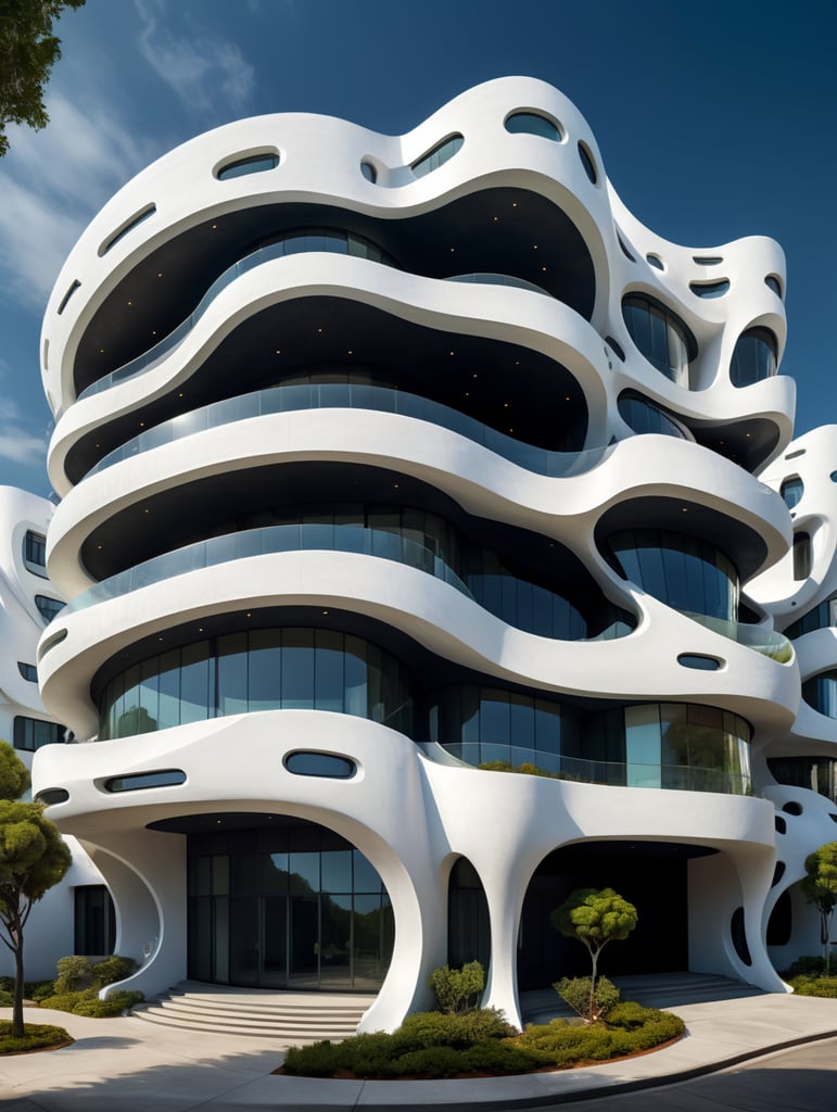 white building with curved shapes in front, in the style of the stars art group (xing xing), women designers, eclectic curatorial style, sculptural costumes, concrete, urban influences, flowing fabrics