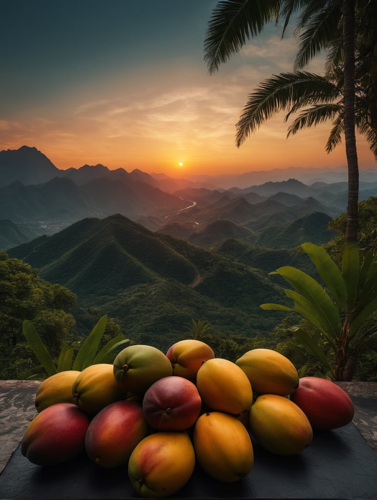 Couple of a Mango in a forest in front, unsharp background with sunset vibrant colors nature art scenic horizon mountain range skyline views artistic beauty colorful scenery nature photography sunset inspiration