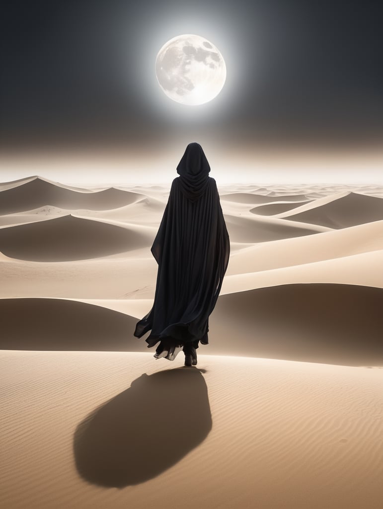 view from behind(((ethereal misty black cloaked woman figure))), clad in dark tones, advancing through a (((dunescape))) under a (rising moon), with (vast, smoldering sand dunes) reflecting an otherworldly light around its surroundings, abstract art
