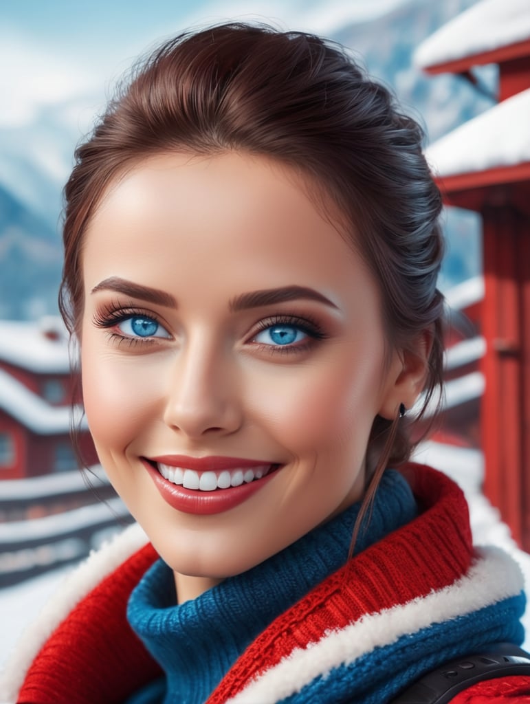 stunning woman, blue eyed, smile, winter clothes, close caption, detailed skin, discreet make up, 4k, red black futuristic house background