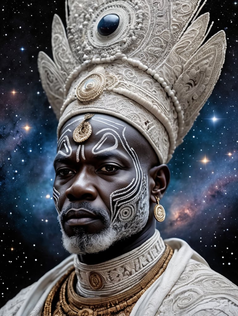 Obatala the african orisha wearing a detailed and intricate ade, cosmic god, astrophotography