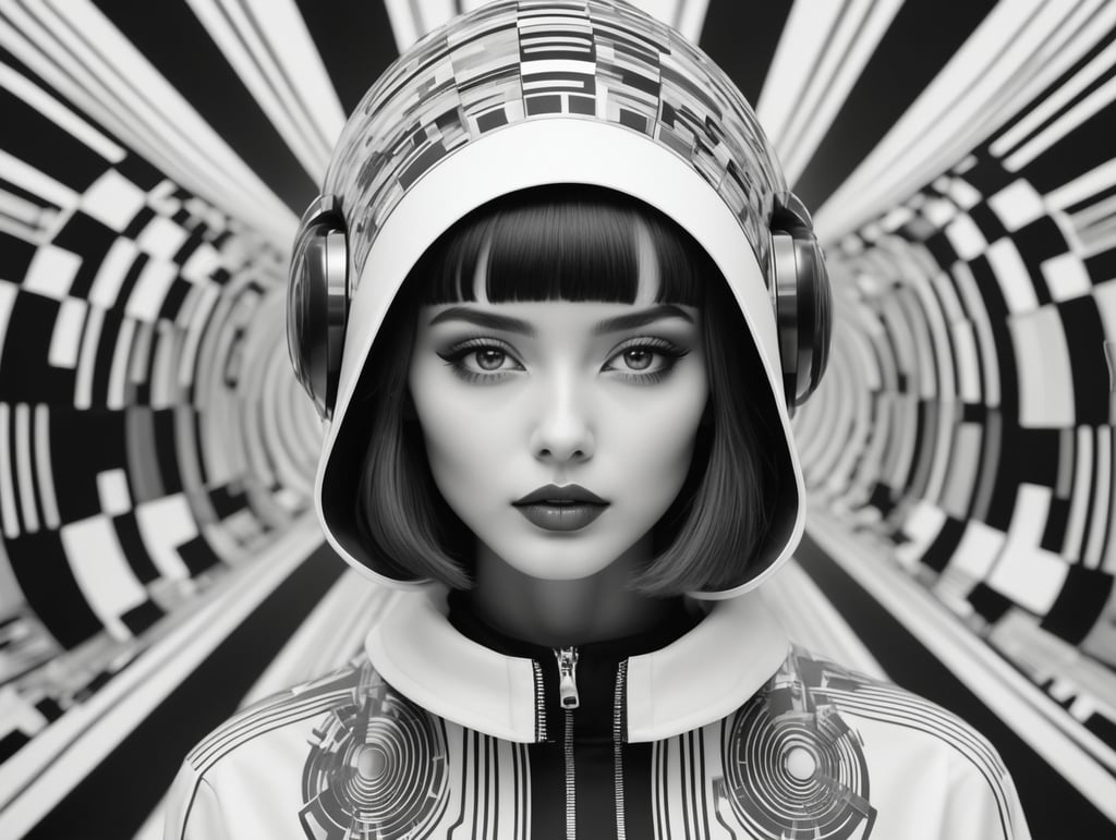 Cute girl model, retro futurist of high fashion, made in symmetrical black and white psychedelic style, black and white beauty, optical illusion, glitch art, flirty, shot on Canon