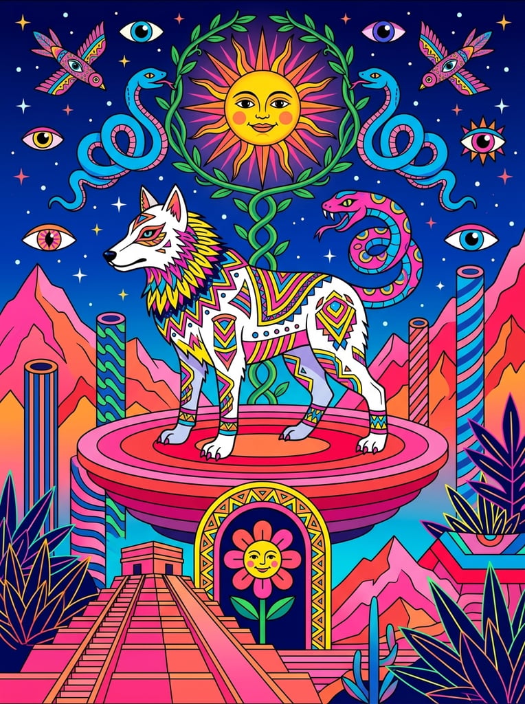 A psychedelic vector illustration centering on a stylized white canine beast with a pink and blue snake head for a tail, standing on a floating pink and red concentric circular platform. The creature is adorned with vivid yellow, pink, blue, and black geometric patterns. Above it, a radiant smiling sun face is framed by green vines and two symmetrical blue snakes against a deep blue starry sky filled with floating eyes and a patterned bird. Below the platform, a yellow archway encases a smiling flower face, approached by a pink stepped pyramid. The surreal landscape features layered pink and orange mountains, striped pillars, and angular foliage, rendered in a highly saturated, flat 2D layered aesthetic with vivid neon hues.