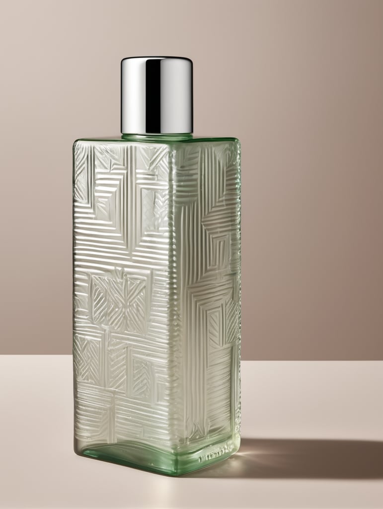 Rectangular skincare bottle with relief of rectangular patterns on glass