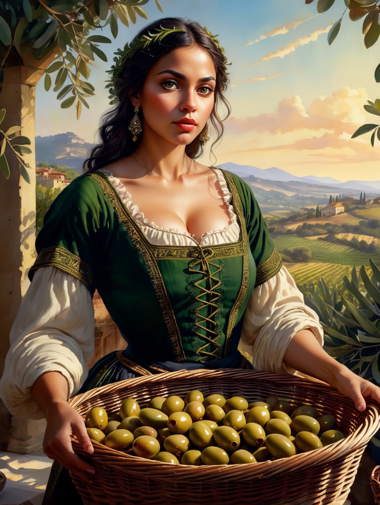 Portrait of a young, dark and beautiful Italian girl growing green olives from Sicily in 17th century Italian folk peasant clothing with low cut and full breasts, dramatic lighting, depth of field, olive gardens with clearly and regularly defined shapes in the background. The olives should have a beautiful, even structure. Incredibly high detail watercolor illustration. holding a basket of olives in your hands, a wicker basket with the correct texture, olives in a basket of the correct texture with beautiful berries.