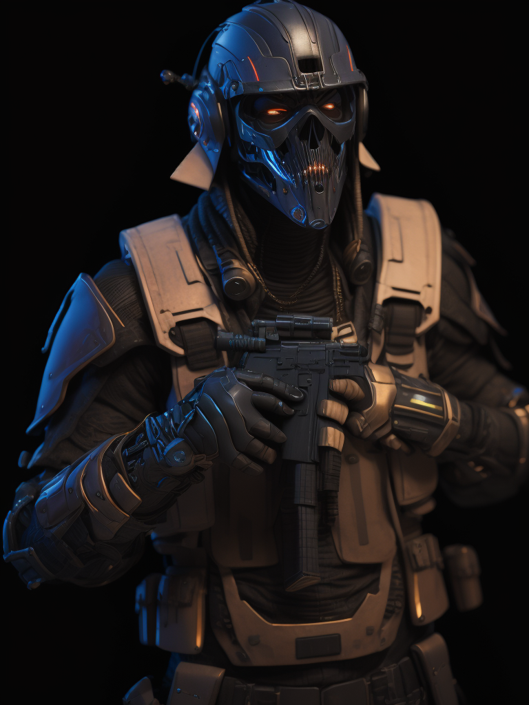 Ultra-detailed soldier from counter strike game in a base, with anthropomorphic cybernetic skeleton elements on metal armor, neon lights reflections, reflection mapping, intricate design and details, dramatic lighting, hyperrealism, photorealistic, cinematic, 8k --ar 9:16 --v 5