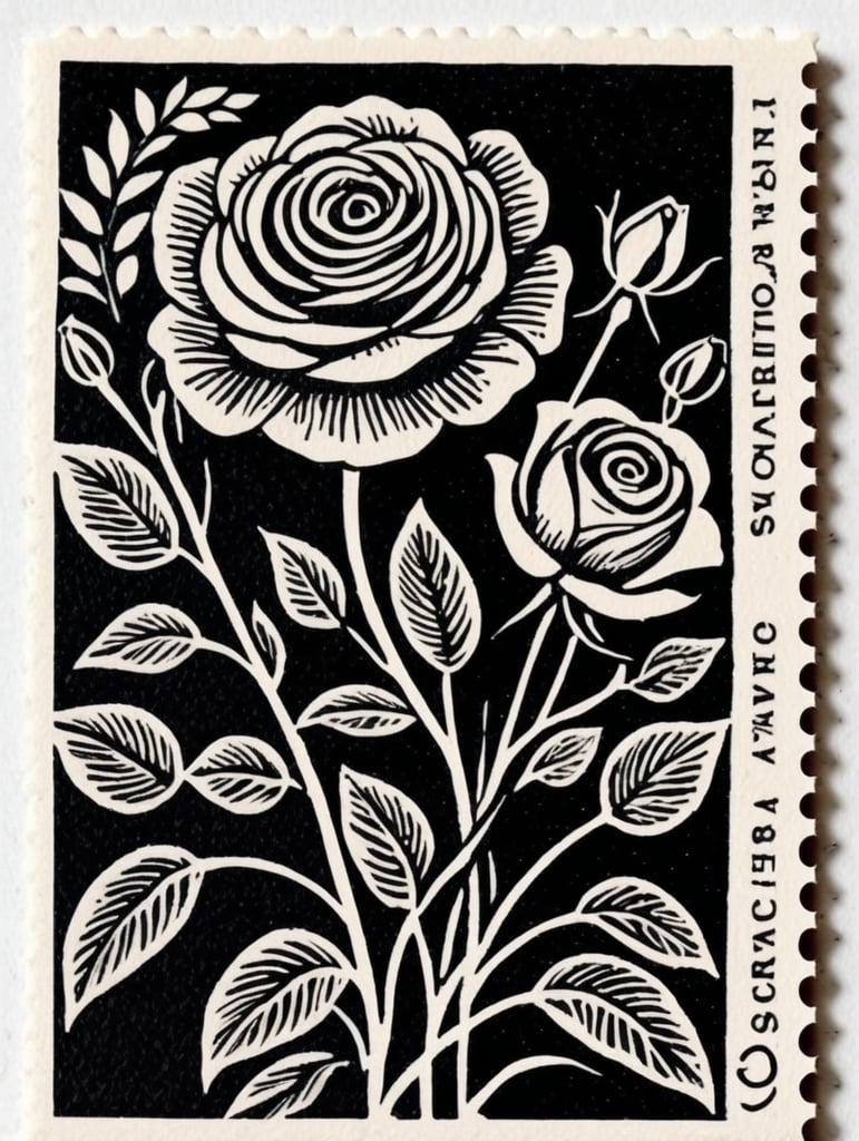 Black and white linocut postage stamp rose garden thick bold dark lines