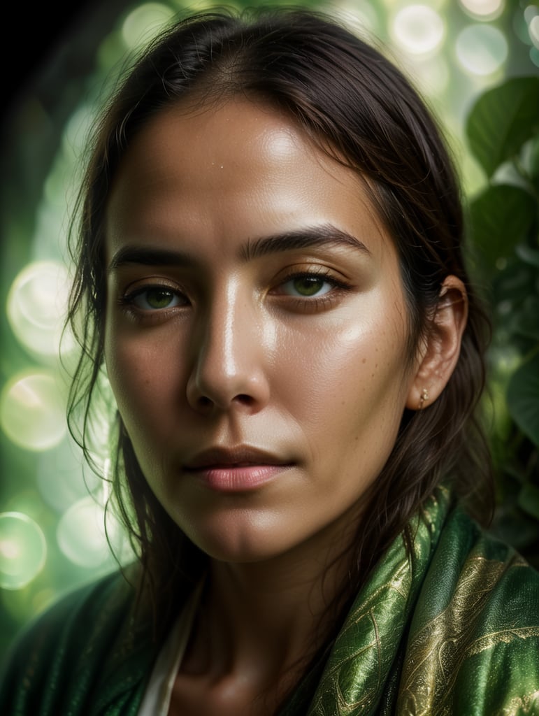 Portrait of a woman experiencing spiritual experience, wrapped green film