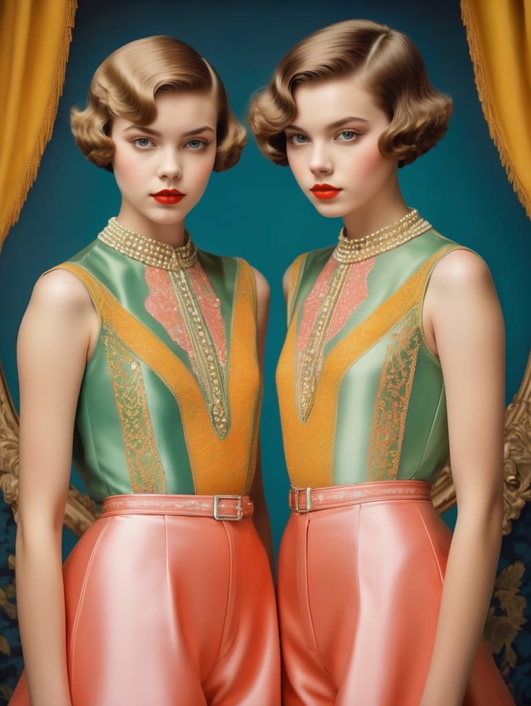 Vintage portrait of two young girls with short hair standing next to eachother, style of James Bidgood, frontal view, symmetry, Incredibly high detail, Bright colors