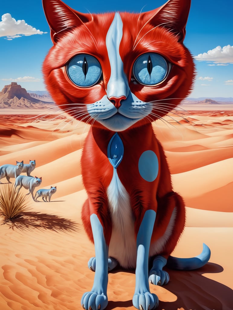 Red cats with big blue eyes in a desert. Painted in the style of Salvador Dali. Very hot and sunny rays with blue sky. Very long and thin legs
