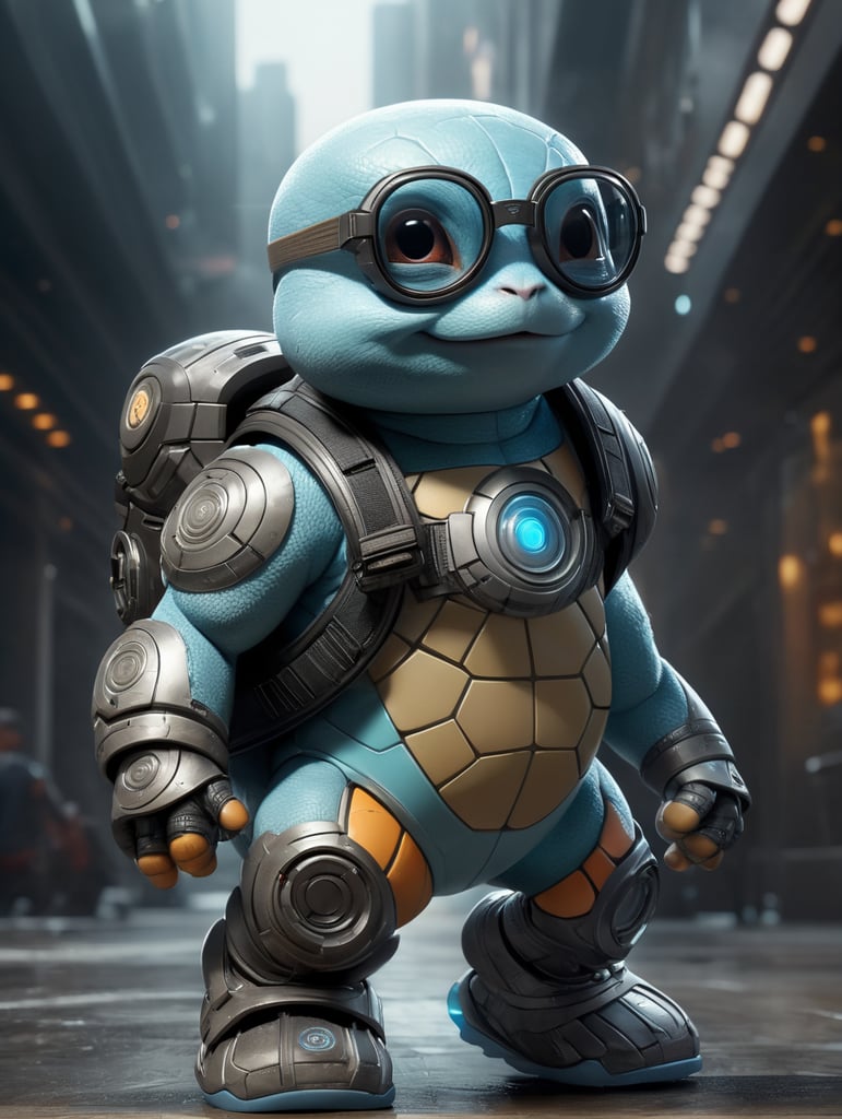 cute stylish squirtle dressed in stylish futuristic sportswear clothes, big sneakers and a futuristic glasses
