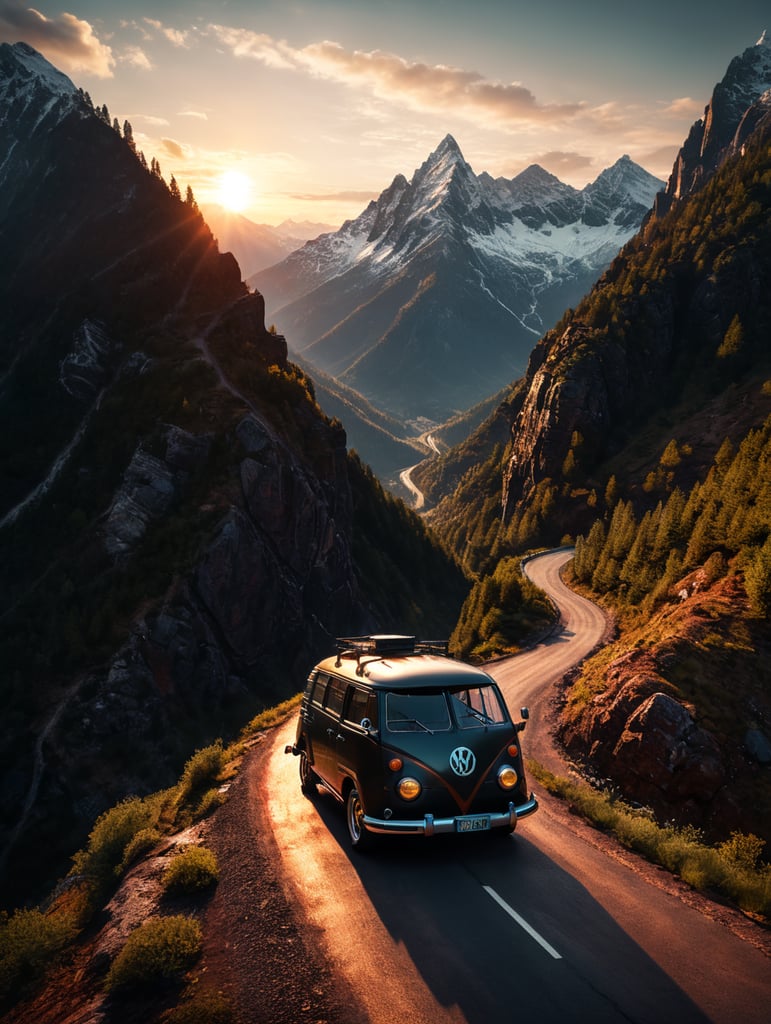 cinematic vw buzz car drone mountain road sunset lensflair