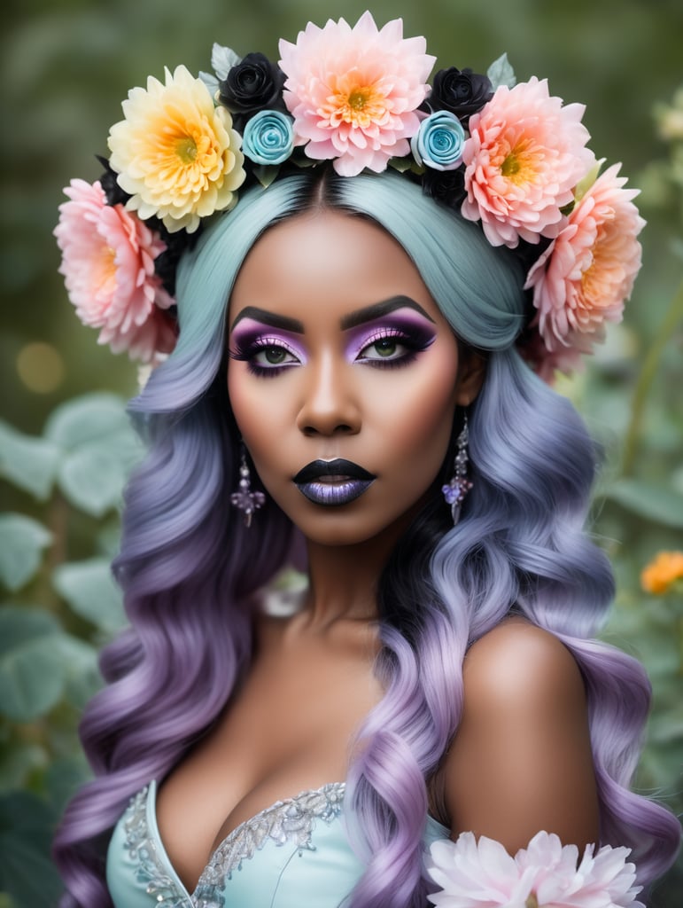 Hd photography, photograph, 3 4 pose, black woman, pastel gothic makeup, fairy goth, gothic style, pastel, beauty portrait, big flowers headband, big flower crown