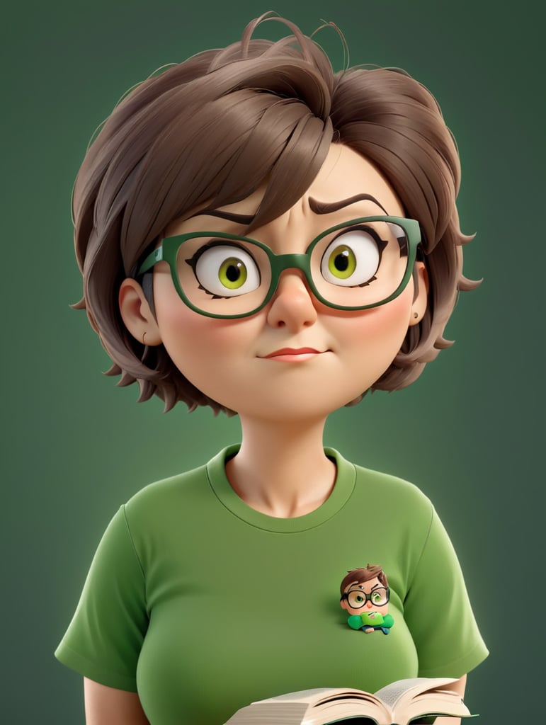 a women with short hair, wearing reading glasses, angry face, green t-shirt, torso