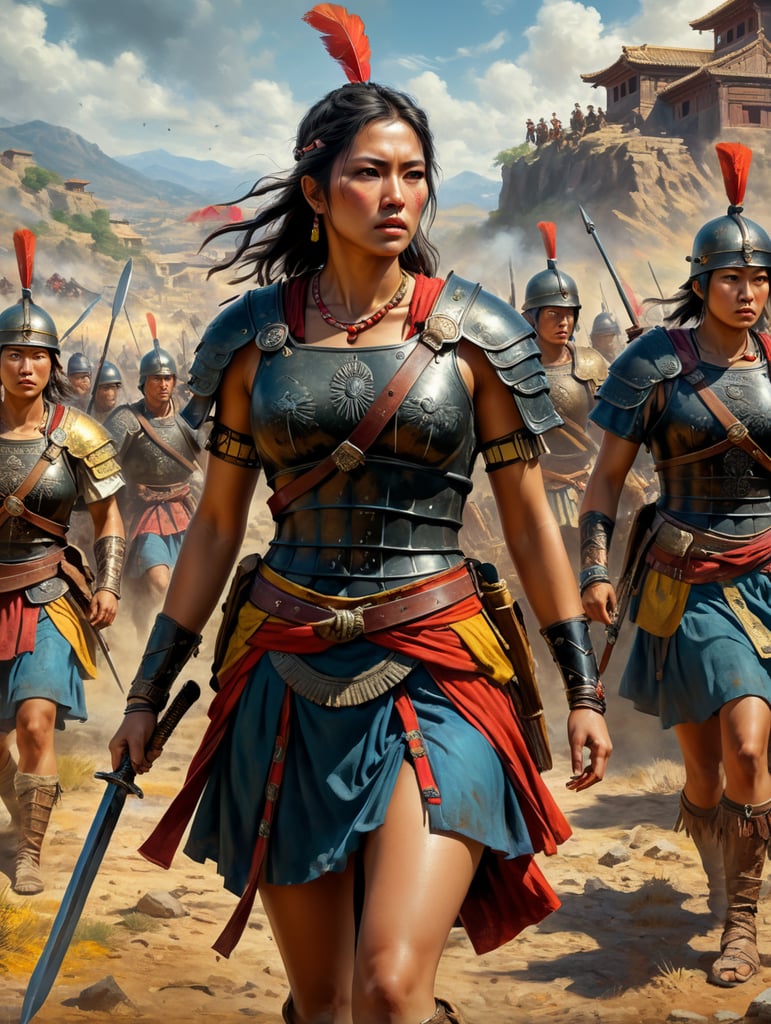 stgrong female roman battlefield apache colorful short dress vintage background old japanese