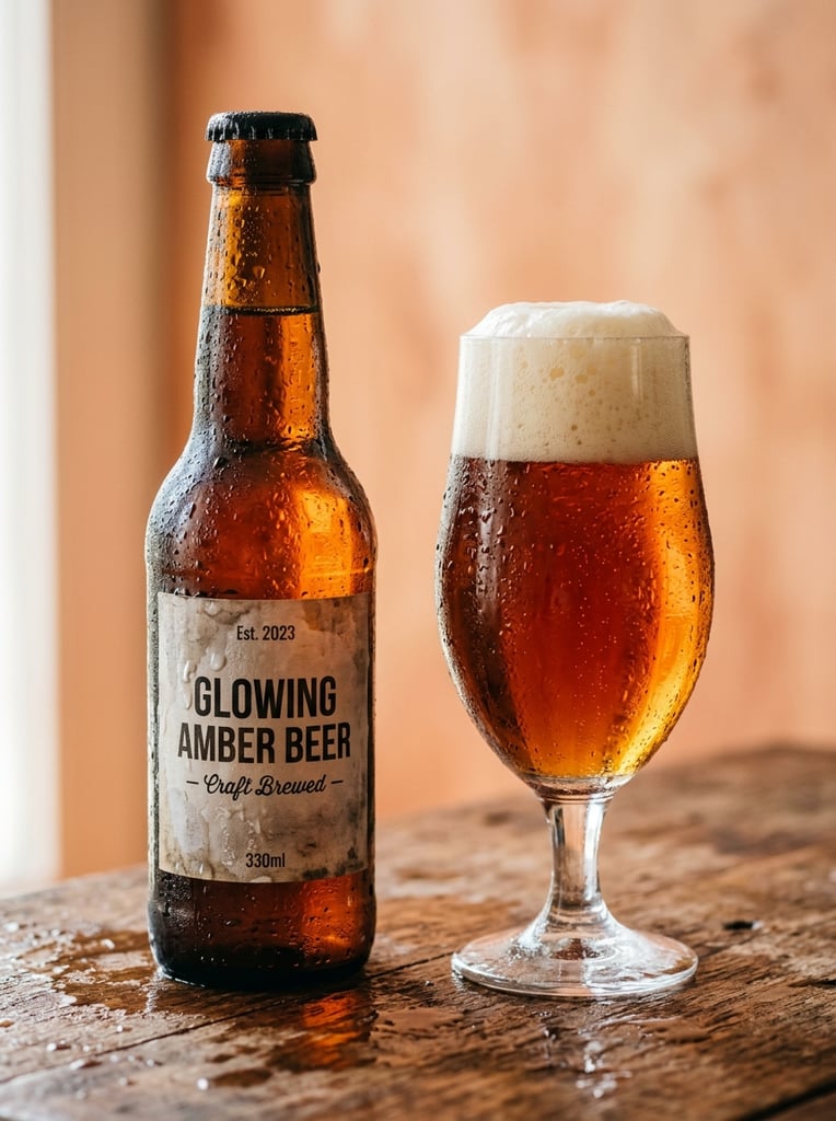 A sweating glass bottle of glowing amber liquid stands next to a stemmed glass filled with the same beverage and thick white foam. Both feature heavy condensation on a brown surface against a warm peach background.