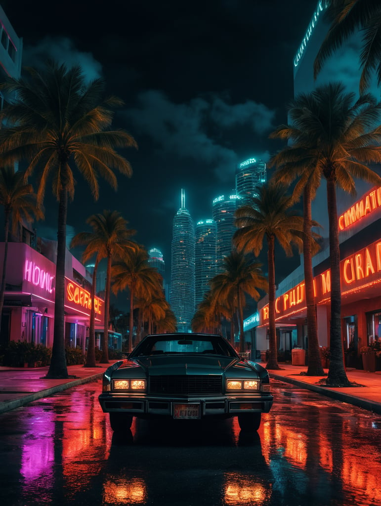 Scarface, downtown Miami, palm trees, neon lights