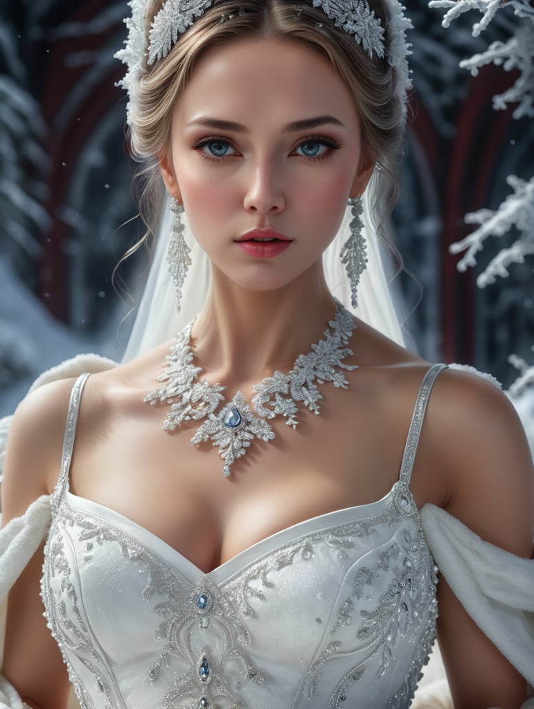 beautiful Russian girl in a photo studio, she is wearing a huge white dress that looks like pillows. Russian winter with frost in the background