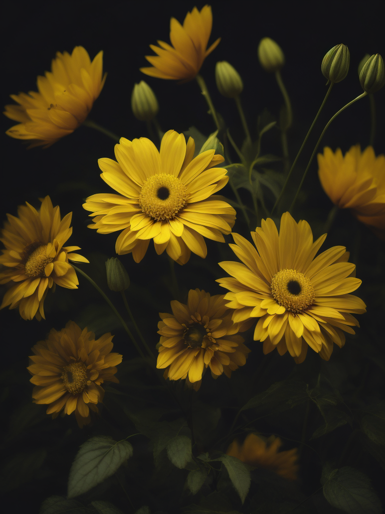 yellow flowers, dark atmosphere, deep colors, clear details