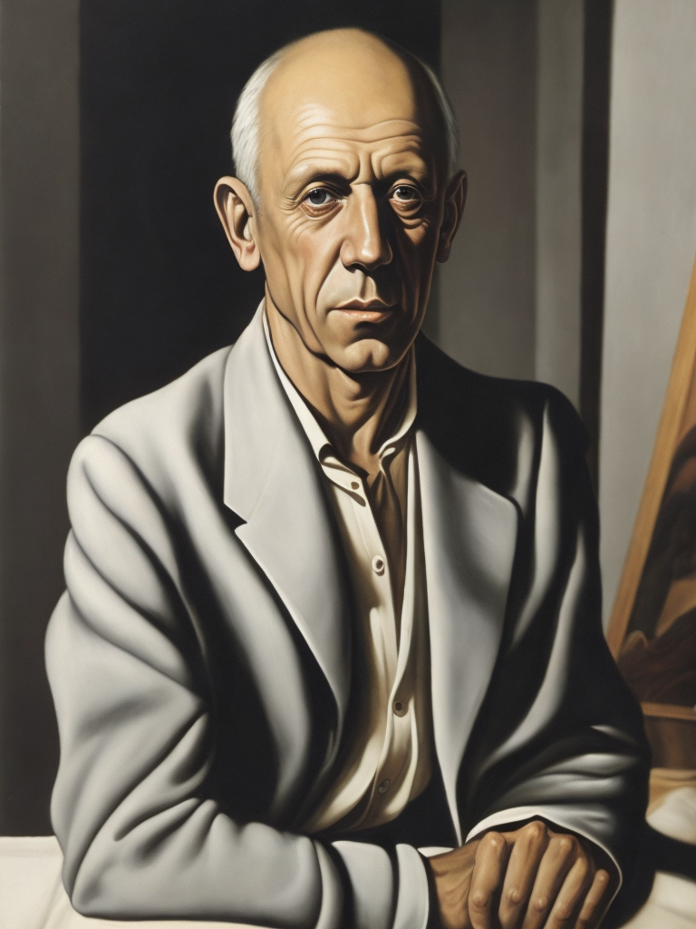A painting of a Pablo Picasso, aged Pablo Picasso in the art deco style of Tamara de Lempicka.