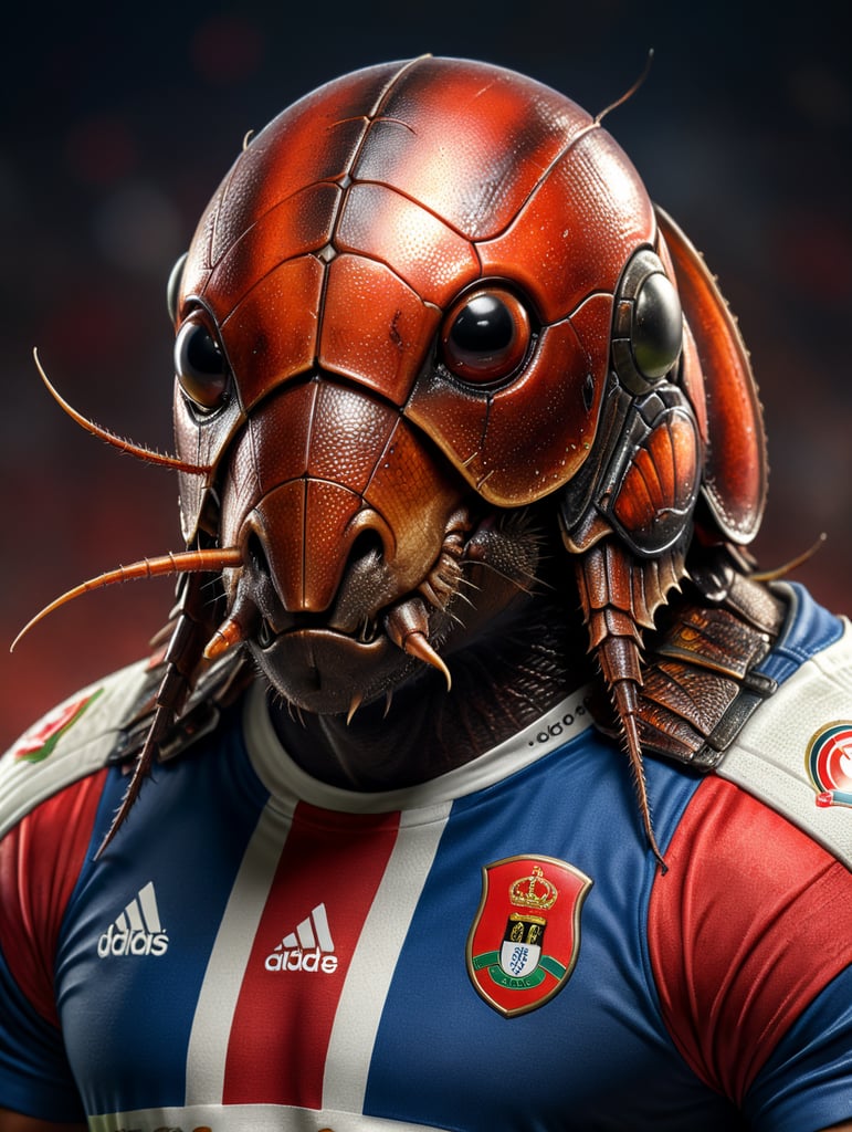 kakkerlak voetbal feyenoord shirt portret gedetailleerd profiel hoog detail gradiënt achtergrond levendige kleuren diepte van haren details dierenart thema schoonheid
