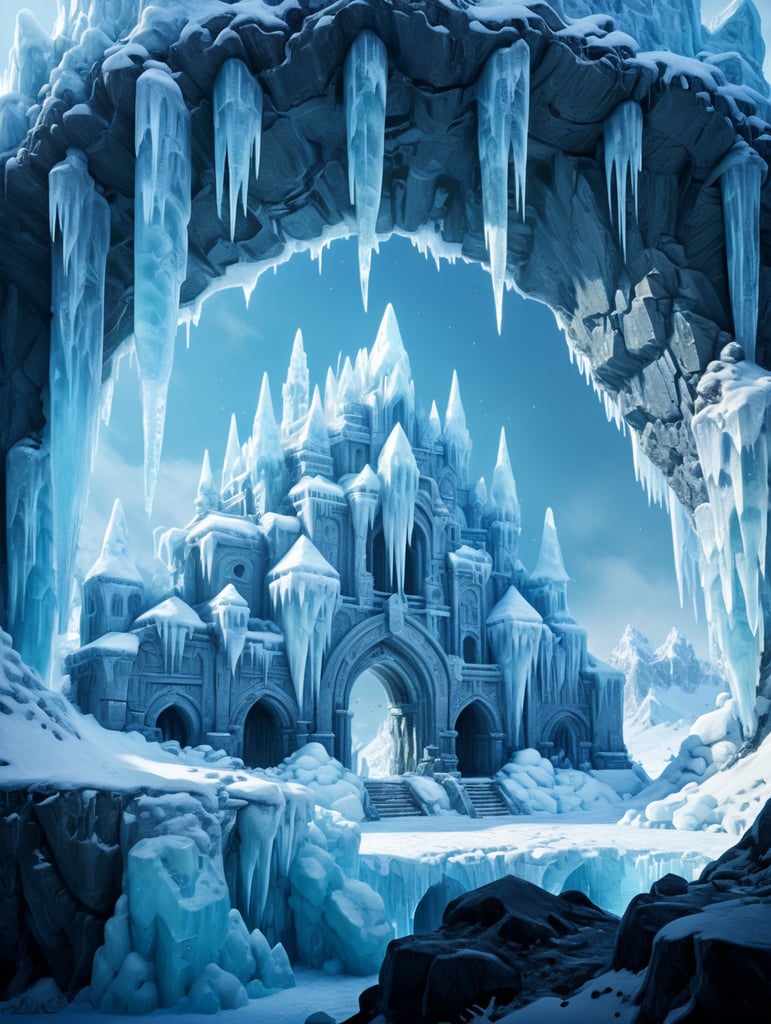 simple ice village with big ice pillars, surrounded by ice walls, with a great ice entrance