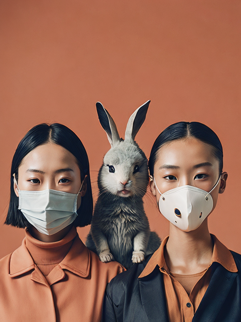 an illustration of people who are standing with two masks on, in the style of ren hang, naive childlike, medicalcore, depiction of animals, alex gross, polychrome terracotta, bunnycore