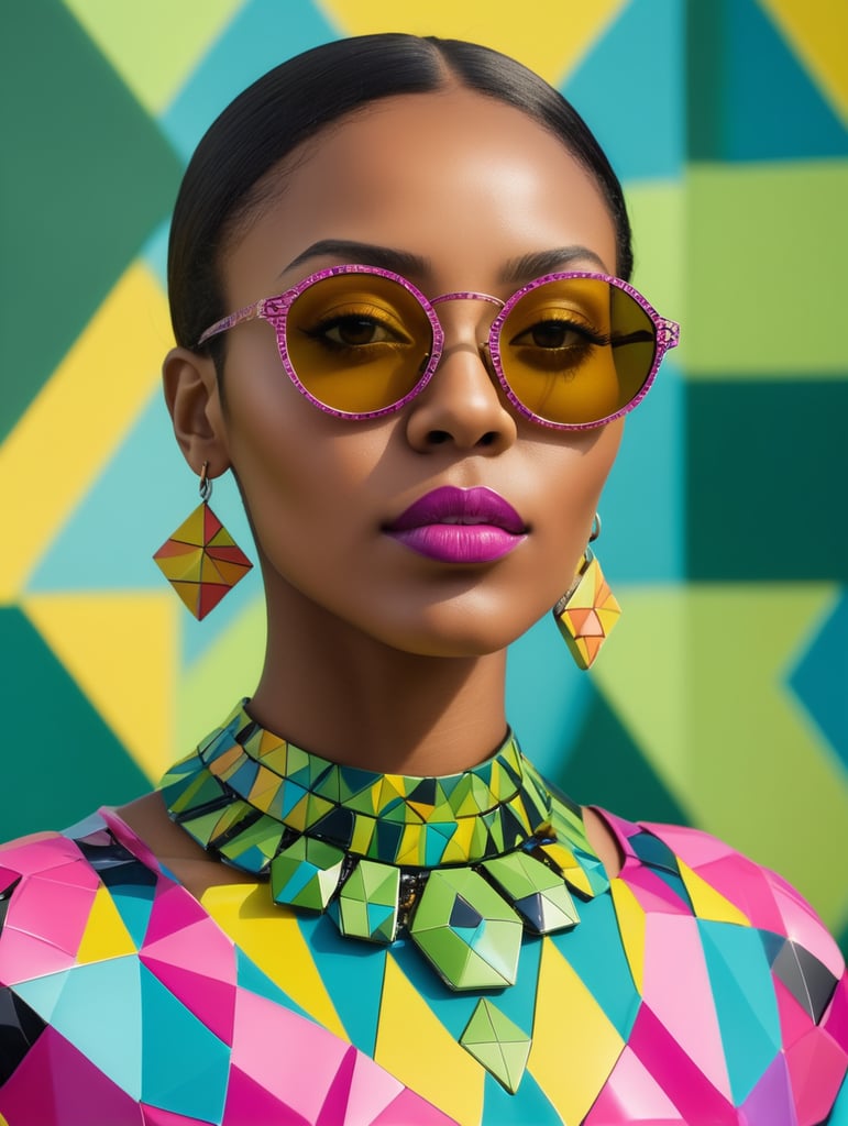 Close up from a black woman is in a colorful geometric outfit with sunglasses, in the style of cut and paste,inspired, eye-catching resin jewelry, hyper-realistic pop, light magenta and yellow, folkloric themes, light green and blue. Her location is in Aberobello in italy .she dressed in geometric patterns.Nikon 35mm, gran format, 50mm lenses, ISO 3000, photo realistic, F22, 32K --ar 9:16