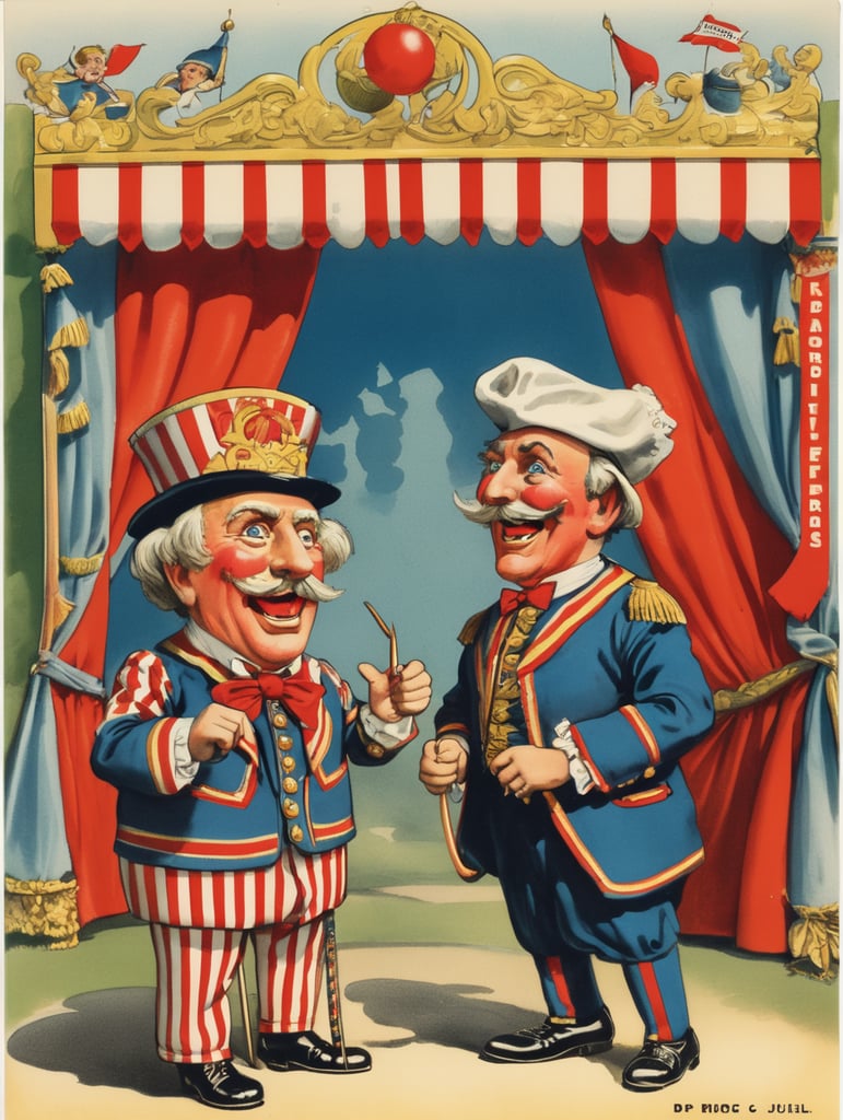 Illustration of a Punch and Judy puppets in the style of Donald Fraser Gould McGill and a Bamforth postcard