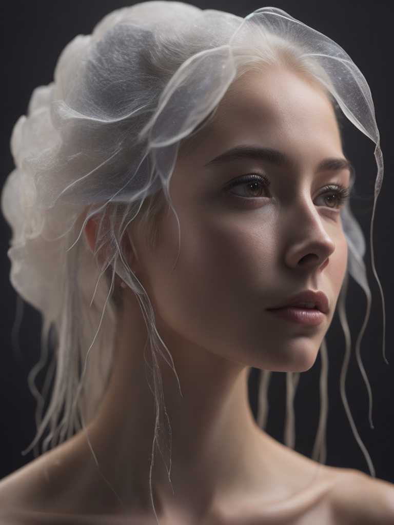 A girl have biomechanical brain, transparent, bioluminiscent creatures, 8k resolution, trending on artstation, cinematic, hyper realism, goddess close-up portrait, chimera orchid jellyfish, 3d