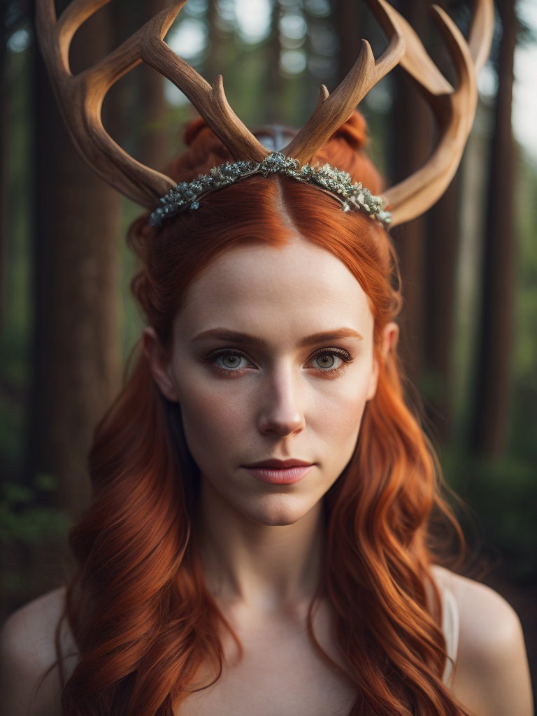 celtic pagan red haired woman wearing antlers on her head, goddess, beautiful, in a forest