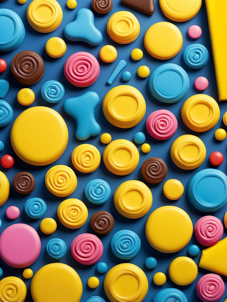 Generate abstract shapes inspired by piping tips, candy textures, and confectionery elements for the construction of a bakery's brand. Incorporate the vibrant palette of strong yellow and mid-tone blue. Avoid direct replication of existing words or elements in this prompt.