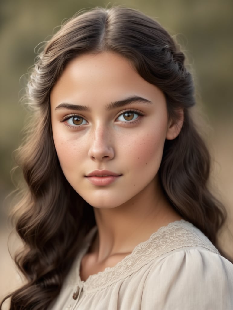 Early Nineteenth century nineteen year old girl, sharp dark brown eyes, small heart shaped face with high cheekbones and fair skin with freckles with dainty nose , long natural wavy hair