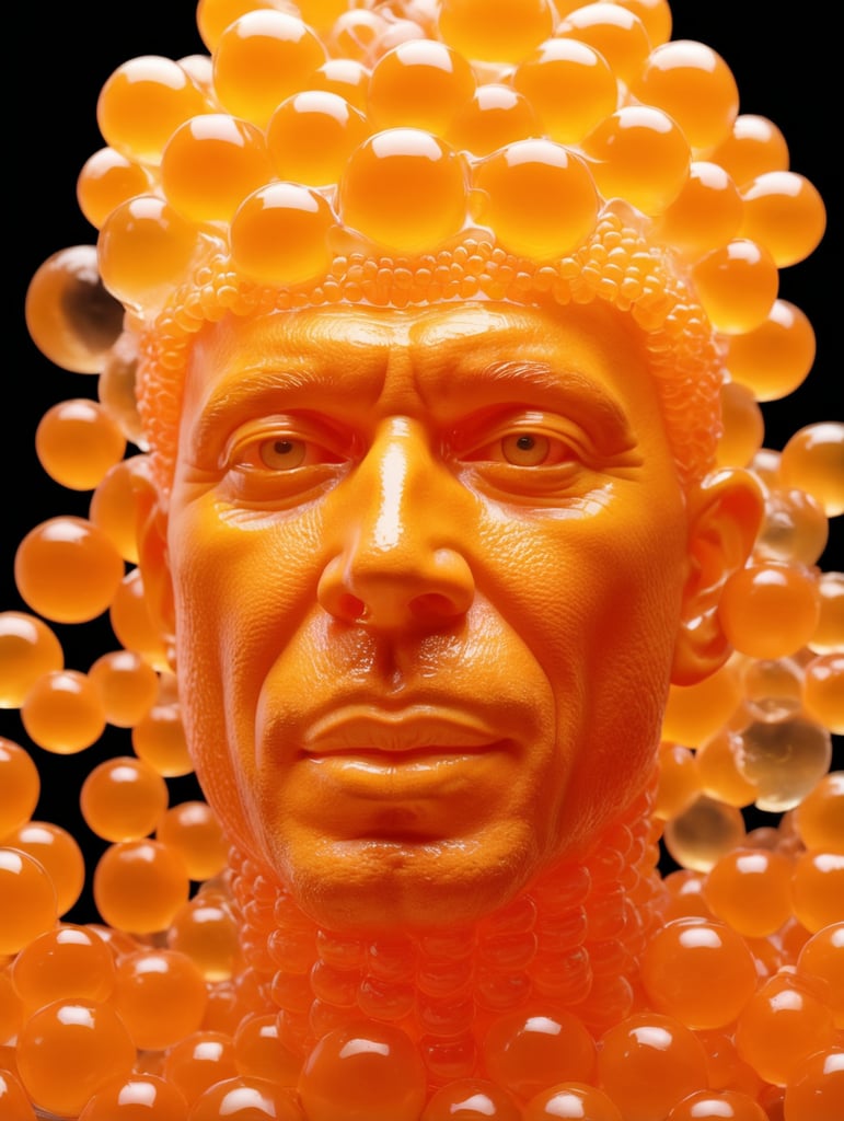 Portrait of a Translucent orange man made from the orange fruit, organs are visible through the jelly, isolated black background