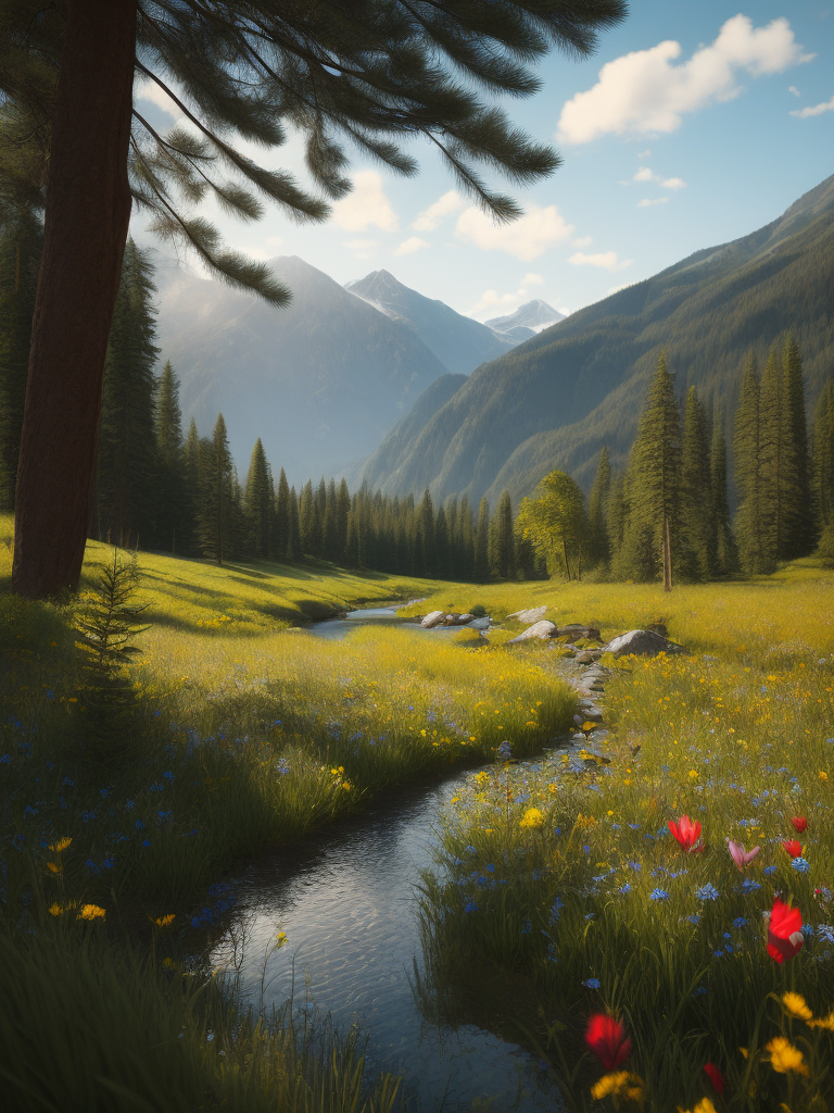 beautiful meadow in the summer, blue sky, wild flowers, mountains in the background, river running through the meadow, pine trees