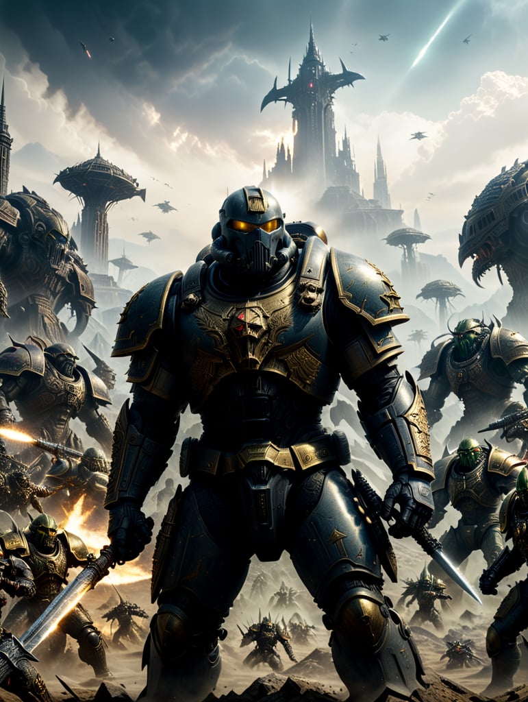 Warhammer 40k space marine in gilded ornate armour fighting a army of aliens, war torn alien sandy planet, action pose, huge sword, realistic, 8k, super high detail, war scene, in combat, hazy lighting, sandy stone ruined buildings,