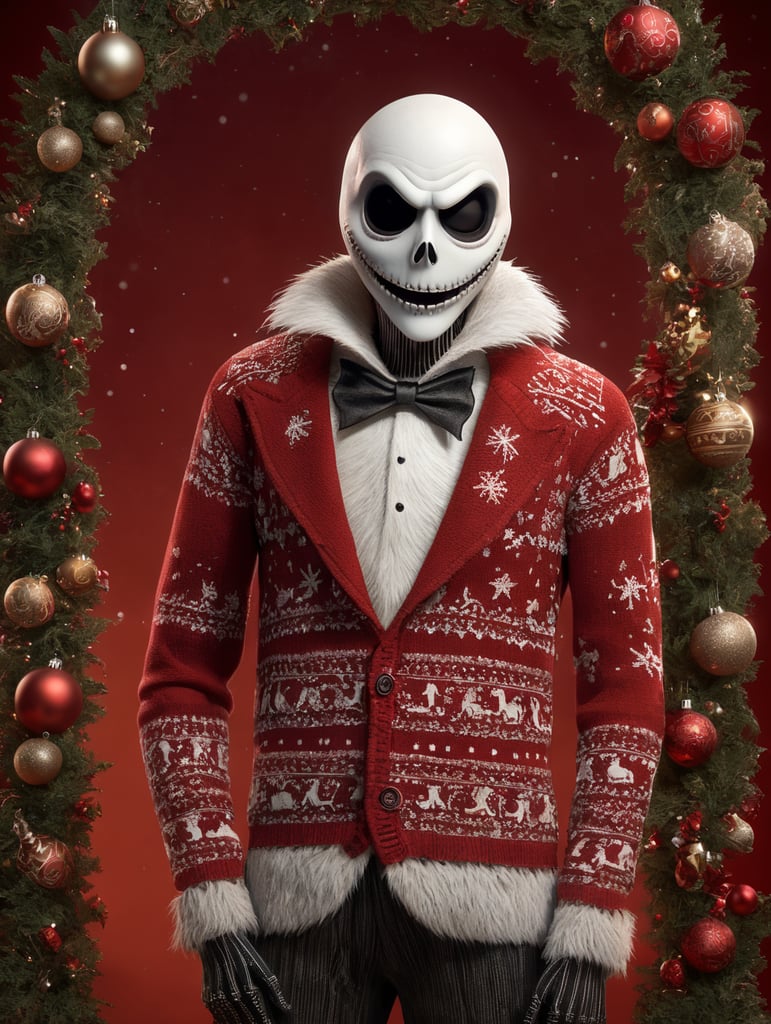 Jack Skellington standing wearing an ugly Christmas sweater red background
