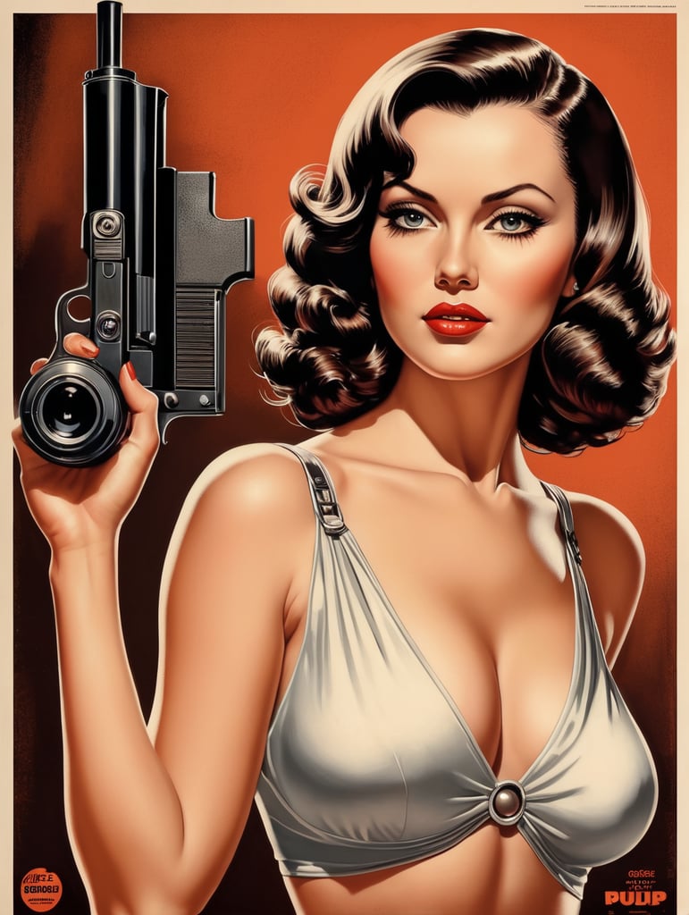 This artwork of a women by George Wilson is an eye-catching poster-style drawing and illustration representing the iconic pulp style.