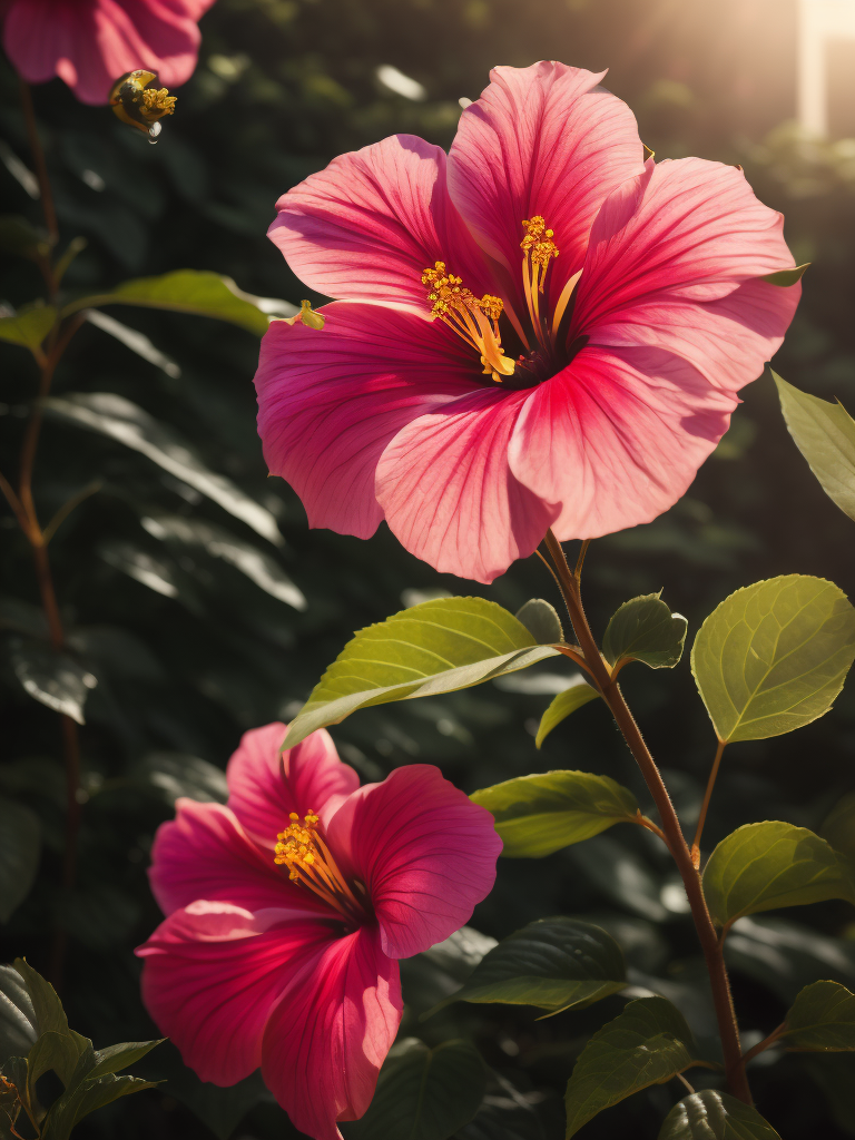 гибискус цветок розовый, в саду светит солнце