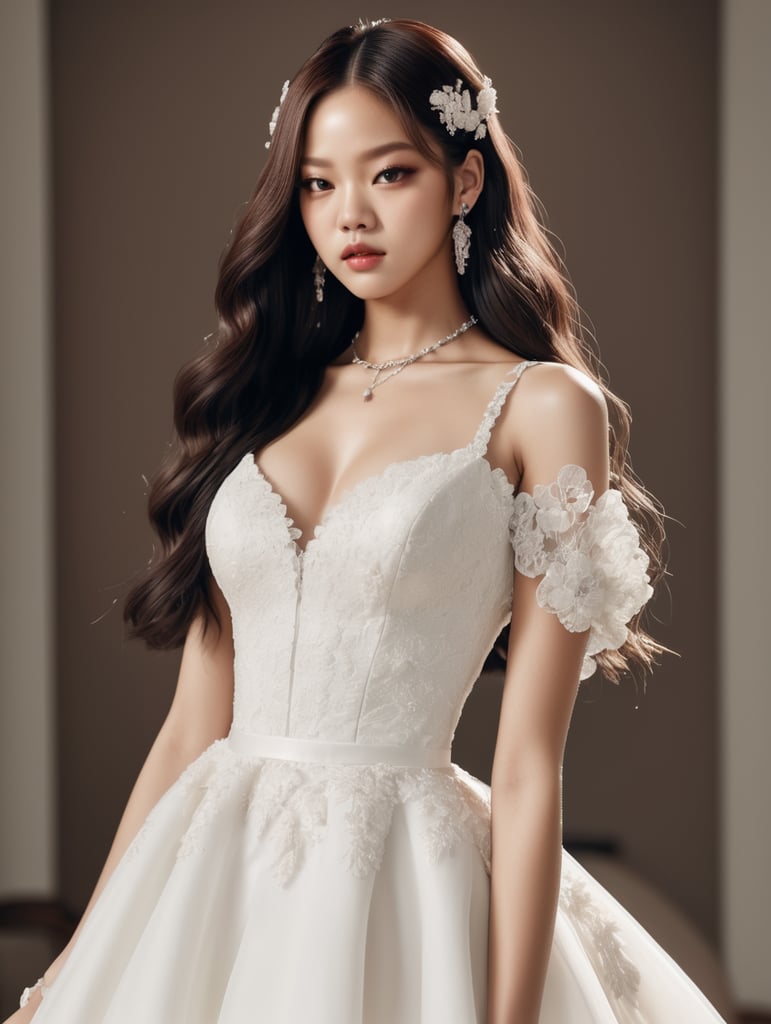 Jennie de blackpink con un vestido de novia blanco y con el pelo suelto.