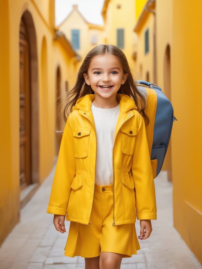 photo happy little girl going to travel, cute girl, dressed in all yellow, yellow background, harpers bizarre, cover, headshot, hyper realistic