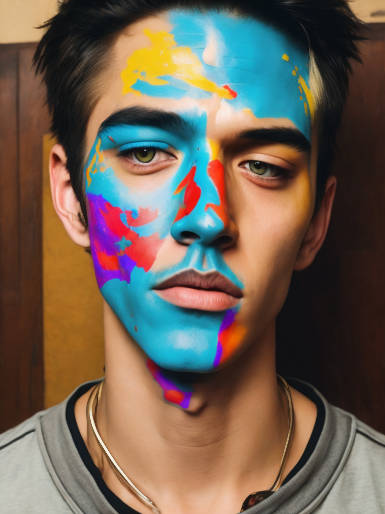 a close up of a person with paint on their face, tumblr, hyperrealism, stickers, cigarettes, twink, druillet colorful