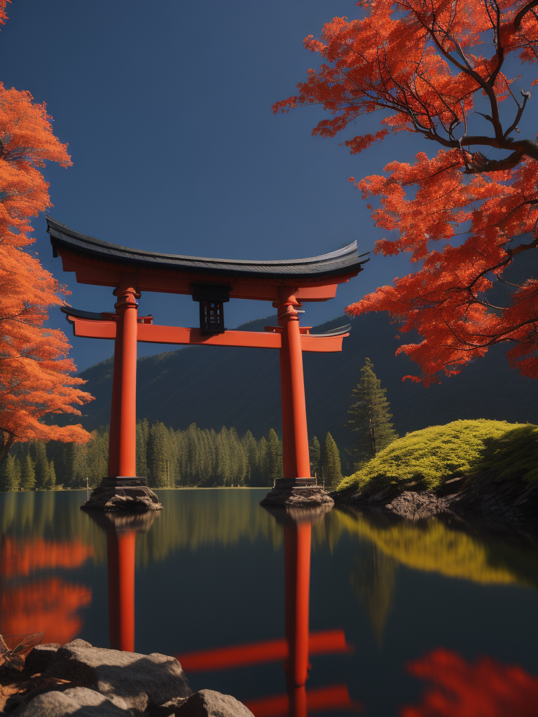 Red torii gate in middle of a lake, Dense forest on the edge of the lake, Bright and saturated colors, Japanese culture, photorealistic, contrast light