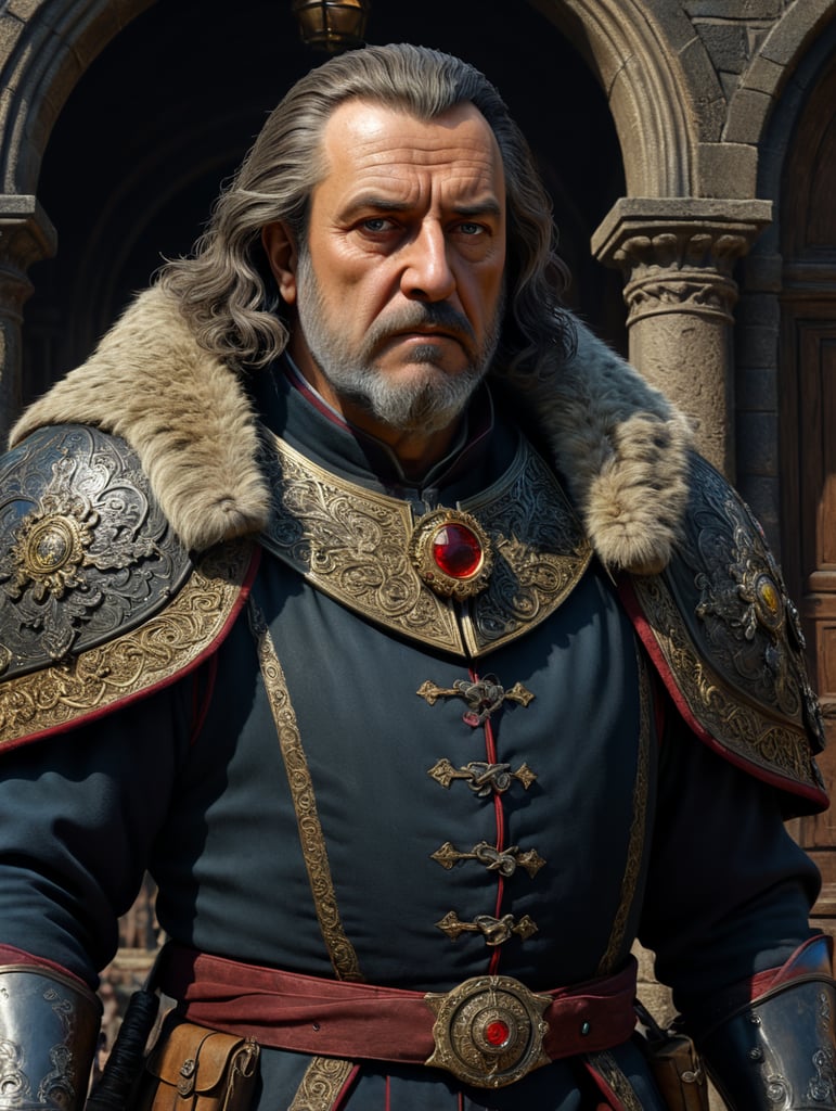 middleages, bailiff, 50 years old, one person, geyish hair, fine clothing