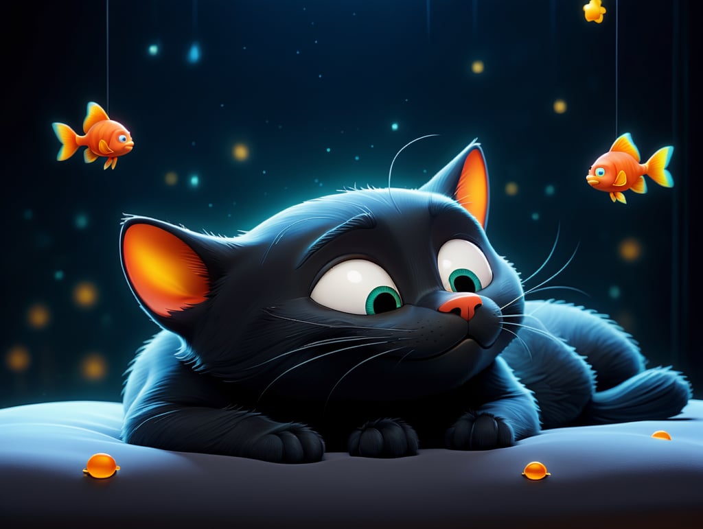 black cat sleeps and sees a shining goldfish in his dream dark background cartoon style