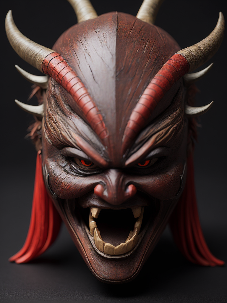 wooden red japanese demon mask with fangs and horns, black background, aggressive, Depth of field, Incredibly high detail