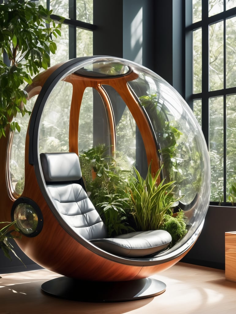 Futuristic sci-fi pod chair, flat design, product-view, exclusive photography, transparent orb, natural lighting, plants around, natural daytime lighting, natural wooden environment
