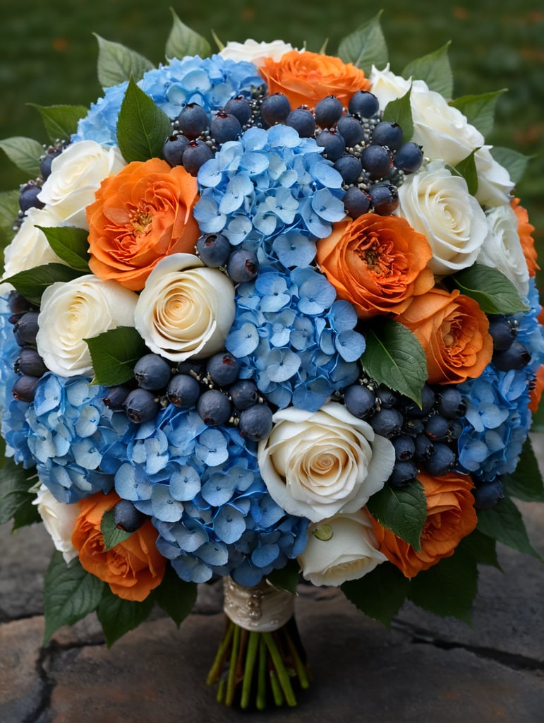 Small Round wedding bouquet with 1 blue hydrangea, few white roses and orange berries