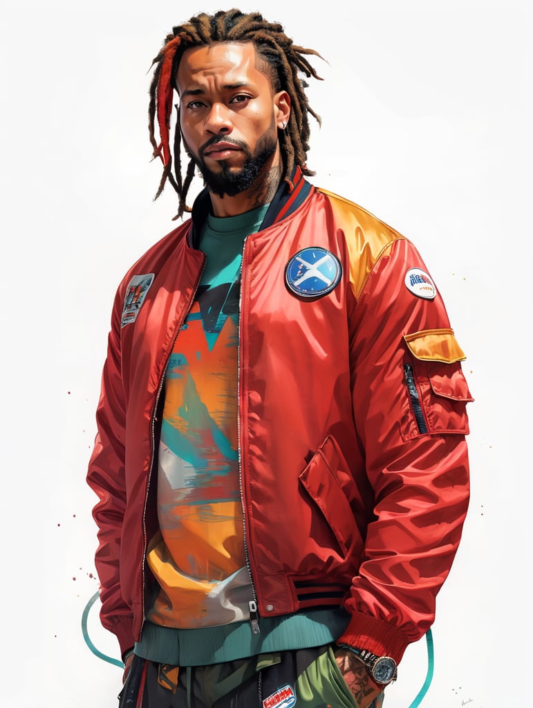 a man with dreadlocks on his head is wearing a colored jersey and a red bomber jacket